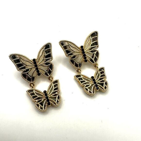 Butterfly Gold black post  drop earrings Jewelry - Double Butterfly Gold tone and black post drop earrings